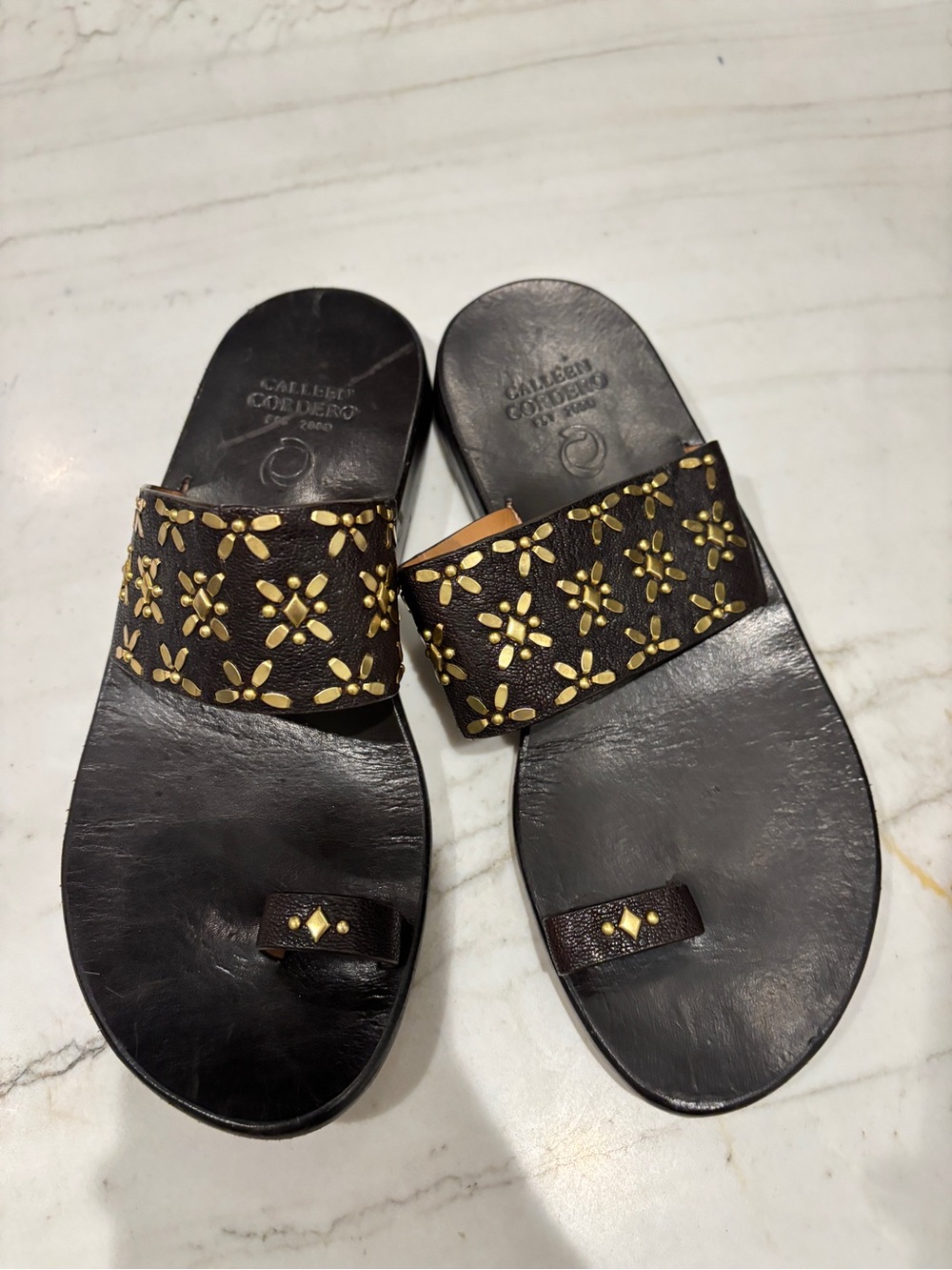 Calleen Cordero Black Leather Slide Sandals with Gold Stud Detail